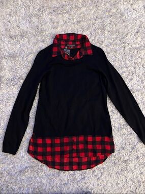 Adrianna Papell Black Sweater with Red Plaid Shirt Detail